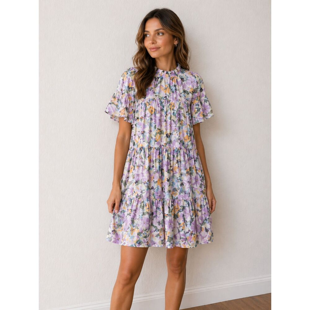 Donna Morgan Floral Tiered Dress Cottagecore Romantic Midi w Pockets Size 8